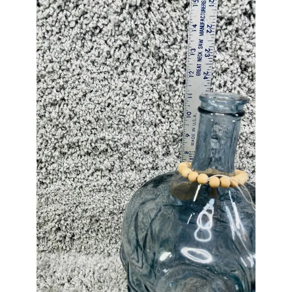 Blue Art Glass Bottle Vase With Round Wooden Beaded Tassel Garland 11